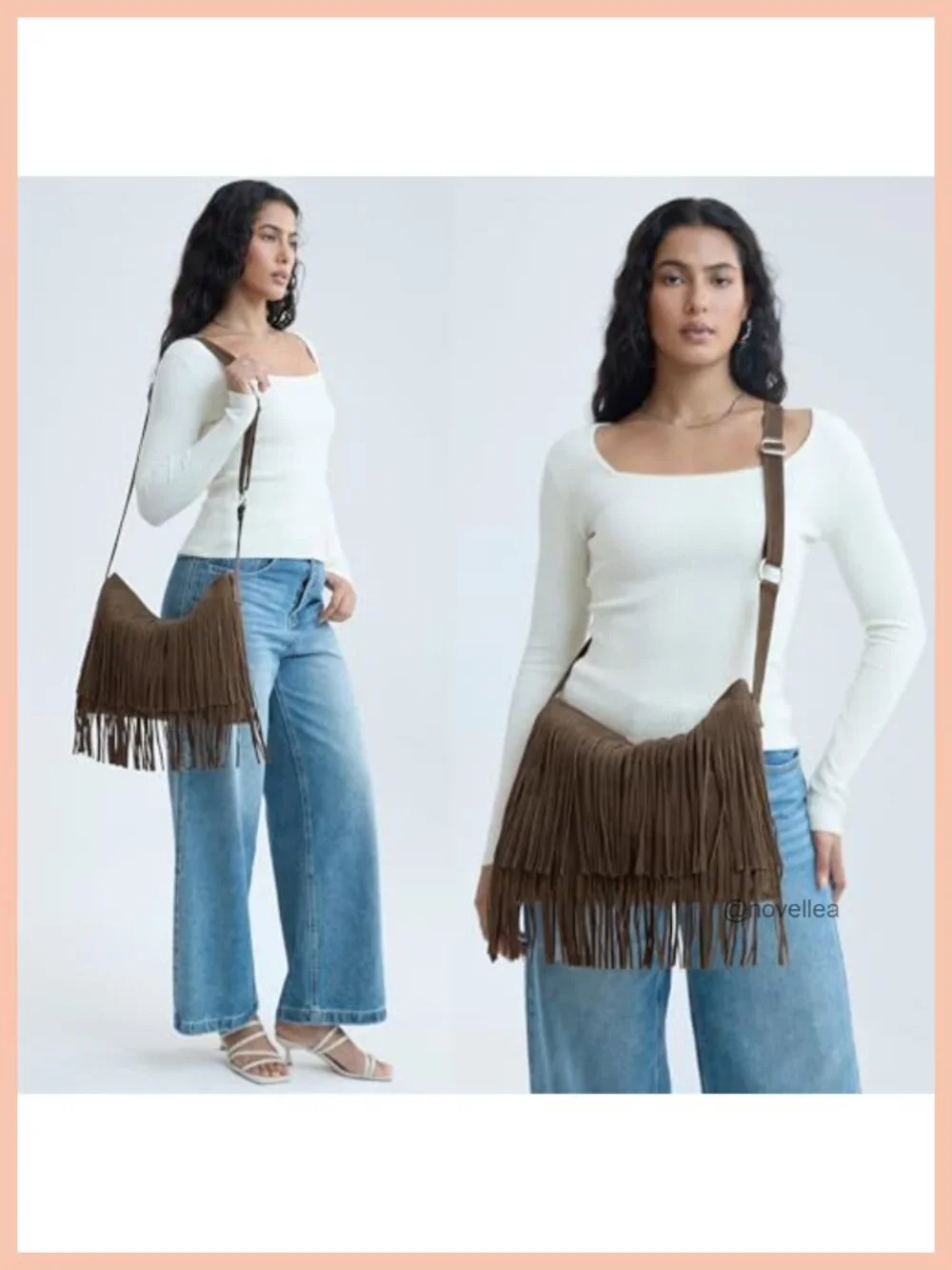 Faux Suede Leather Hobo Crossbody Bag with Tassel Fringe